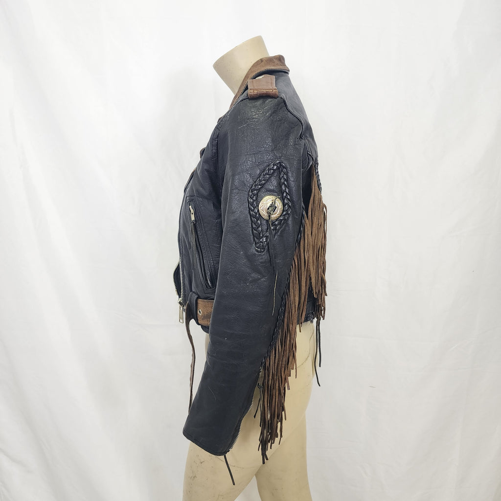Leather Biker Jacket with Fringes Vintage 1990s