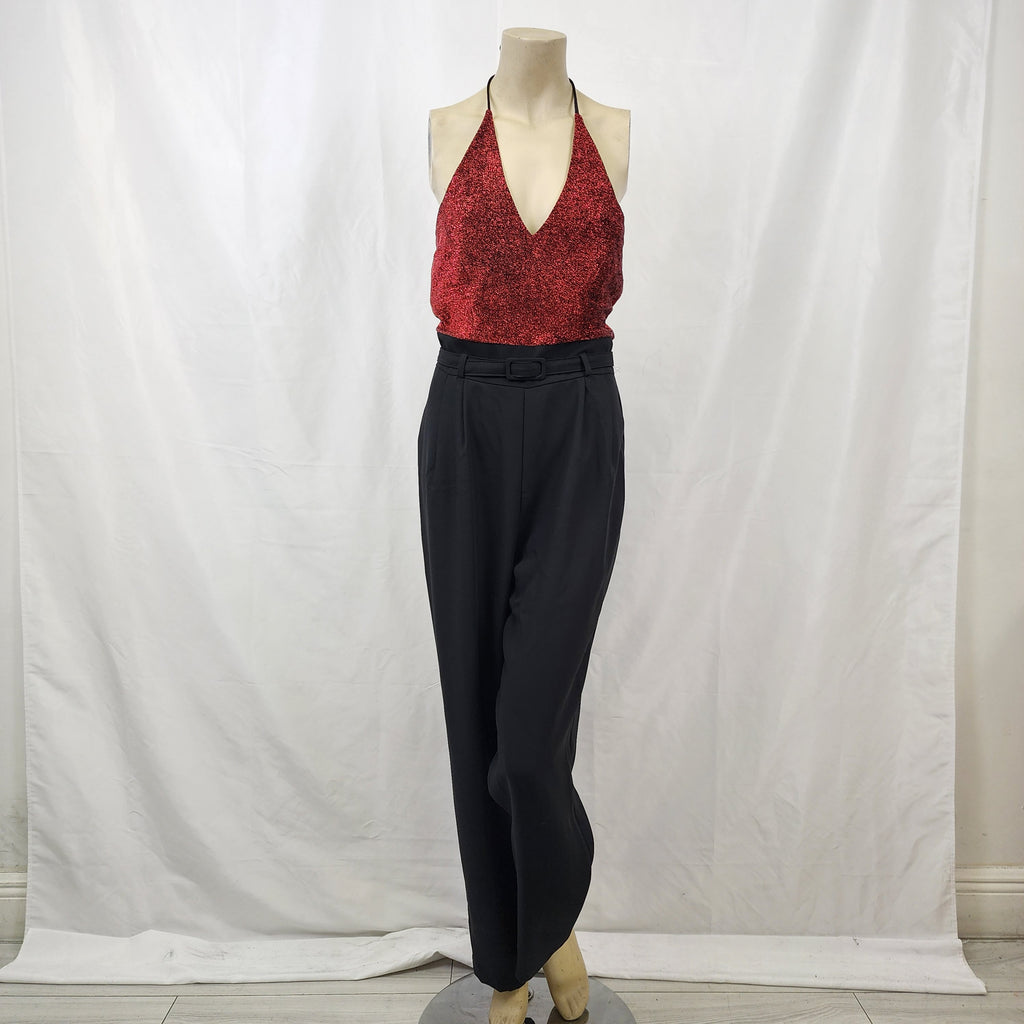 John Roberts Made In USA Jumpsuit Vintage 1990s Metallic Red Top and Black Pant