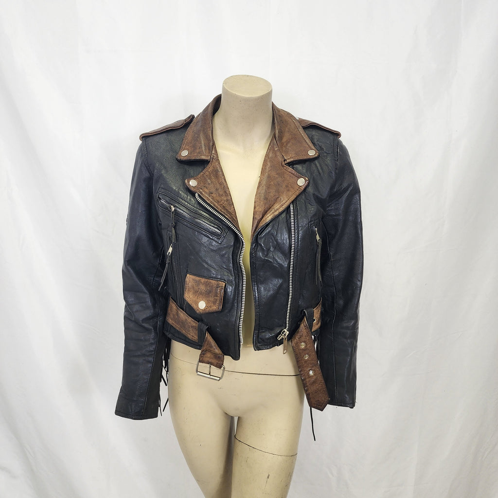 Leather Biker Jacket with Fringes Vintage 1990s