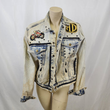 Acid Washed Vintage 1980s Denim Jacket with Sequins and Patches and Rhinestones