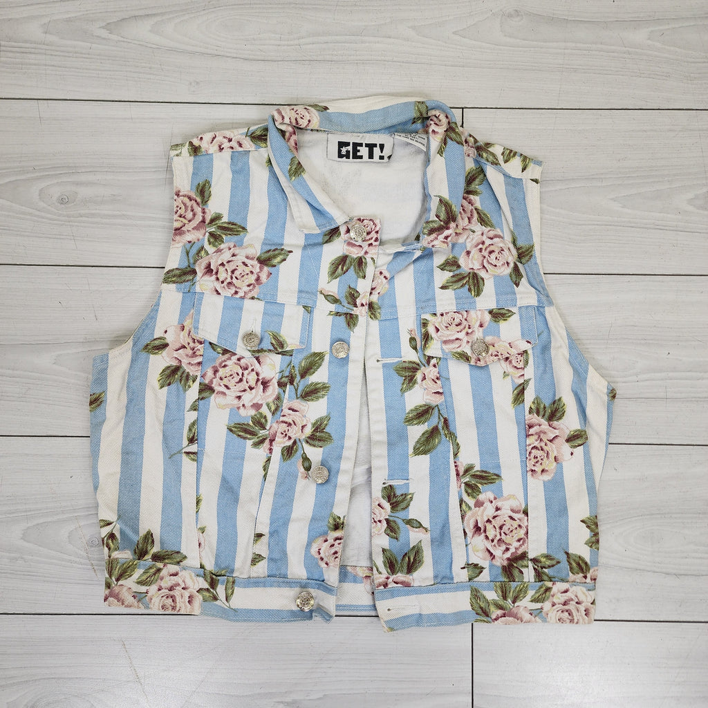 Denim Striped Vest with Flower Print Vintage 1990s