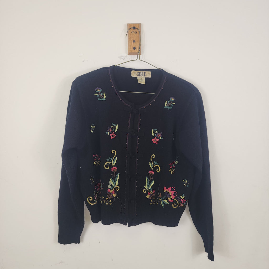Segue Vintage 1990s Embroidered Cardigan with Padded Shoulder Size Medium