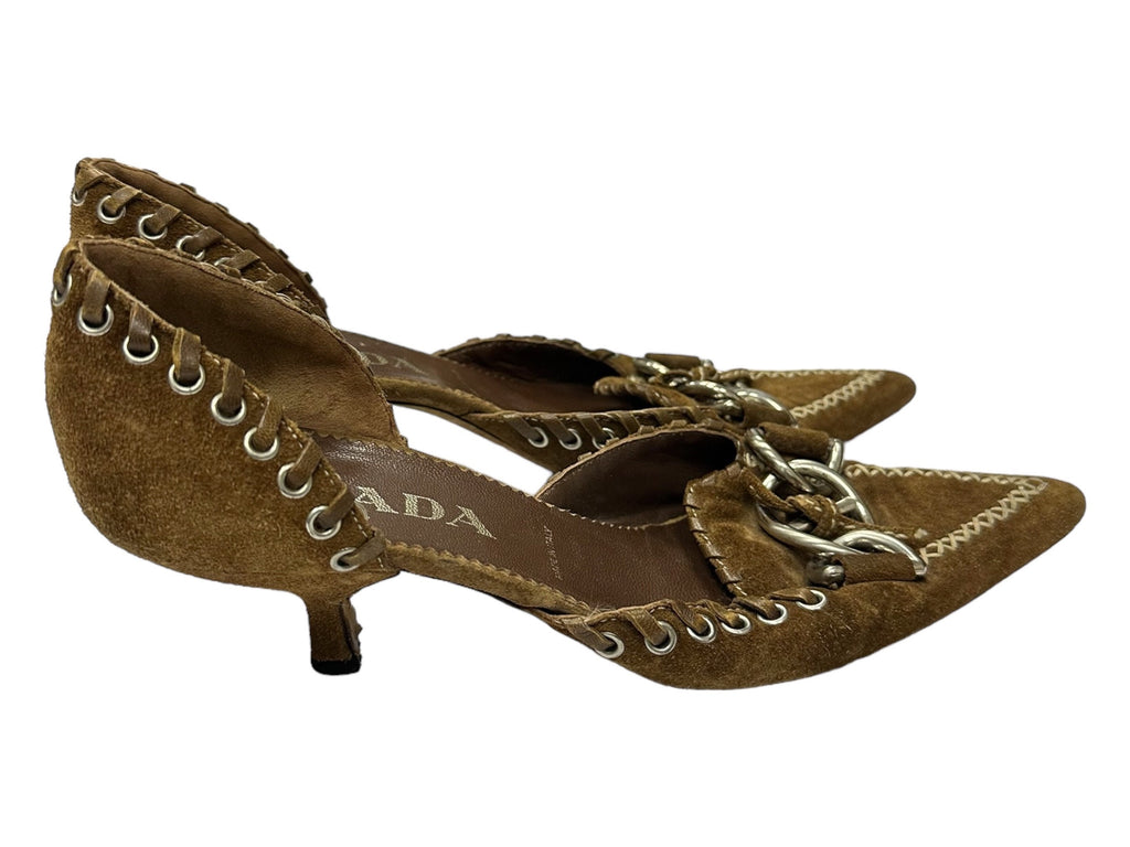 PRADA Suede 2000s Silver Buckle Brown Kitten Heels