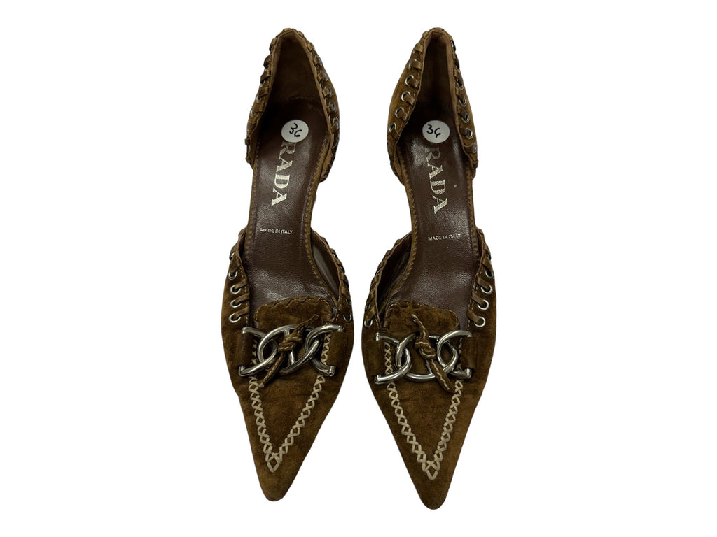PRADA Suede 2000s Silver Buckle Brown Kitten Heels