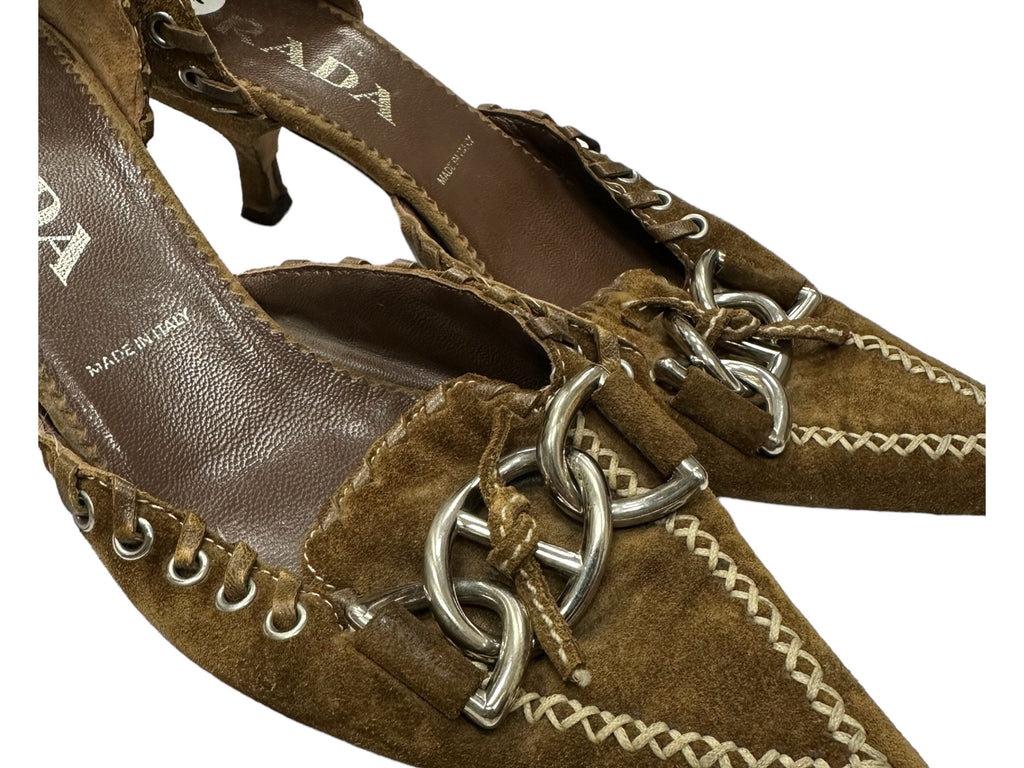 PRADA Suede 2000s Silver Buckle Brown Kitten Heels